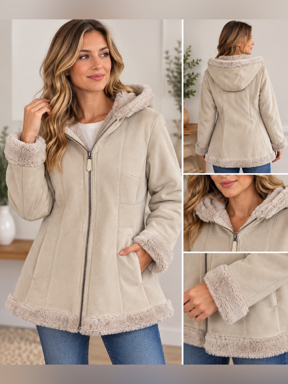 Jones New York Taupe Hooded Faux-Shearling Teddy Jacket